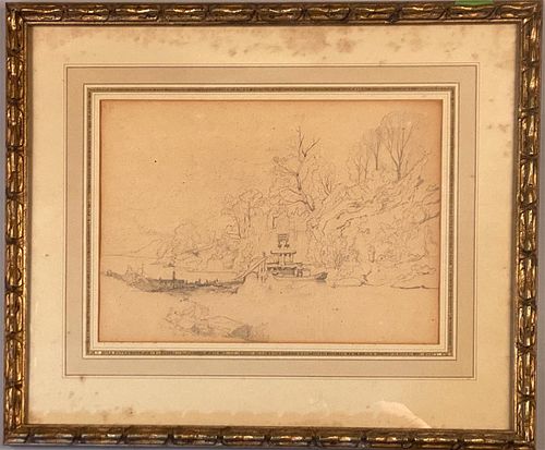 Pencil Drawing of a Man on a Boat with Landscape