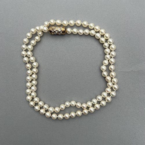 28" Pearl Necklace with 14K Gold and Diamond Clasp