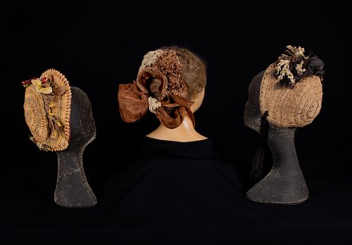 THREE WOVEN STRAW HATS OR BONNETS, 1870s