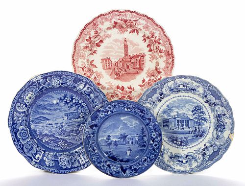 STAFFORDSHIRE AMERICAN VIEW TRANSFER-PRINTED CERAMIC PLATES, LOT OF FOUR
