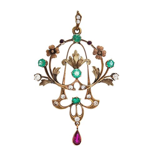 Pendant in 14K gold  with emeralds  rubies and diamonds in Art Nouveau style. Russia. 1900s