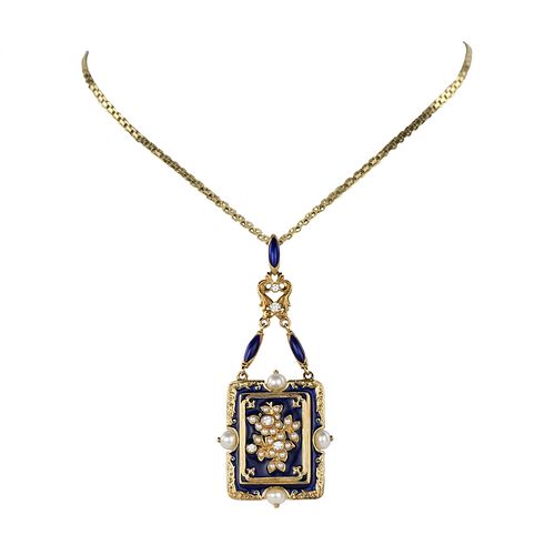 Vintage  gold pendant with pearls  diamonds and enamel.