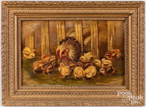 American oil on canvas of a hen and chicks