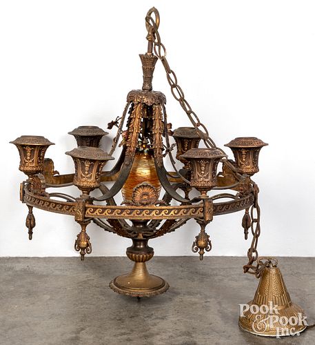Durand patinated metal and art glass chandelier