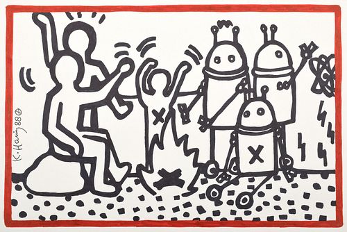 Keith Haring "Men & Robots" Ink Drawing, Estate COA