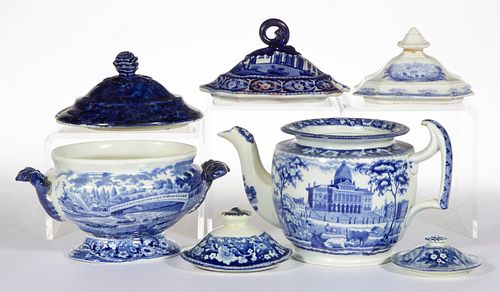STAFFORDSHIRE AMERICAN VIEW AND OTHER TRANSFER-PRINTED CERAMIC ARTICLES, LOT OF SEVEN