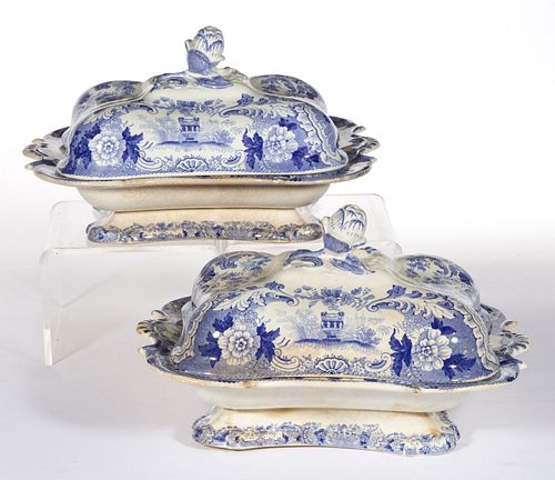 PAIR OF STAFFORDSHIRE TRANSFER-PRINTED CERAMIC COVERED VEGETABLE DISHES