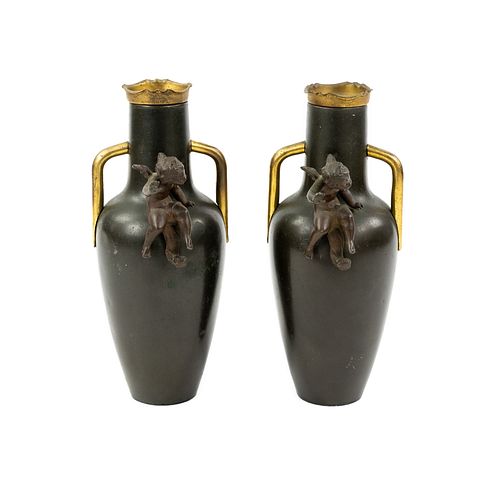 (2) Pair of Bronze and Gilt Vase Form Cherub Candleholders