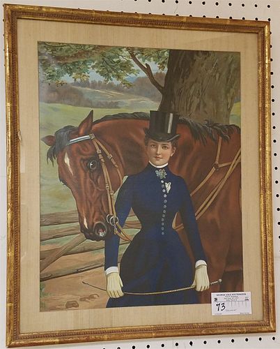 FRAMED CHROMOLITHOGRAPH WOMAN AND HER HORSE 17-1/2" X 14"