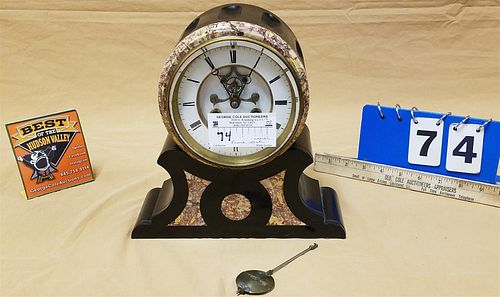 FRENCH SLATE AND MARBLE MANTEL CLOCK 10"H X 10w X 4"D