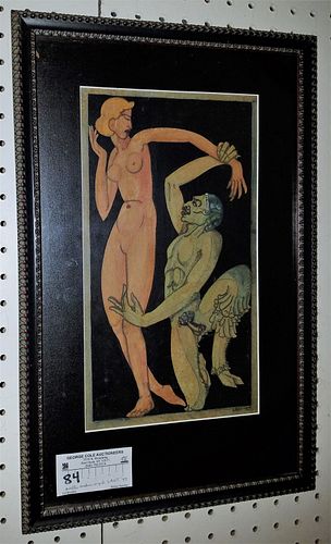 FRAMED MILTI MEDIA BACCHUS AND WOMAN SGND LACT 1937 12-1/2" X 7"