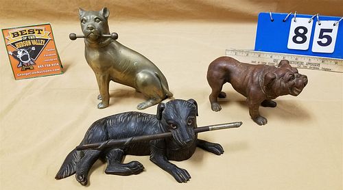 TRAY DOG FIGURINES C1900 CARVED WOOD DOG INK STAND - OPEN TO REVEAL INK WELL AND STAMP SLAT W. REMOVABLE WOODEN PEN IN MOUTH 3-1/2"H X 9"L, WOODEN BUL