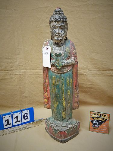 WOODEN POLY CHROMED AND PARCEL GILT BUDDHA 23"H X 7"W