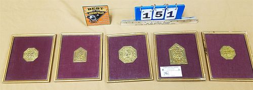 LOT 5 FRAMED INDO EMBOSSED BRASS MEDALLIONS 3 1/4" X 2 1/4", 2 1/4"H X 2", 2-2" DIAM AND 2 3/4" DIAM