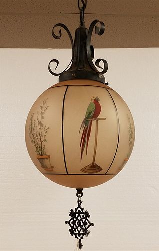 GLOBE SHAPED PENDANT LAMP W/ ENAMELED PARROTS AND POTTED PLANT DECORATION 22"H X 10" DIAM