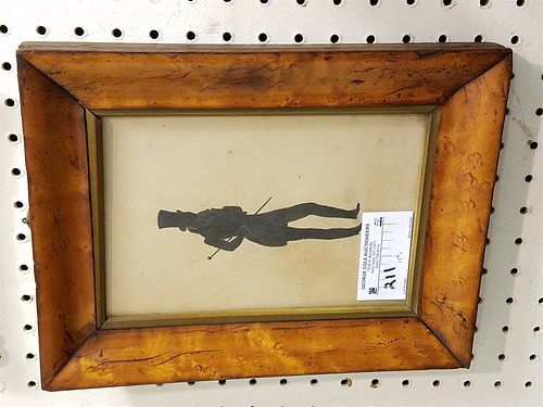 BIRDSEYE MAPLE FRAMED 19TH C SILHOUETTE OF GENT W/TOPHAT & CANE 9" X 6"