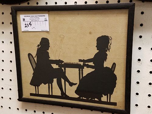 FRAMED 19THC. SILHOUETTE GROUP PLAYING CHESS 8 1/2" X 10"
