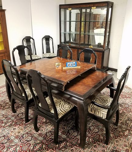 10 PC. BERNHARDT ASIAN STYLE DINING SET; TABLE 40" X 66" W/ 2 LEAVES, 8 CHAIRS & CHINA CABINET 7'H 6"W X 18"D