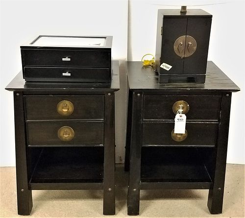 PR EBONIZED 2 DRAWER END STANDS 26"H X 18 3/4"W X 15 3/4"D W/ 2 DOOR CABINET TABLE LAMP 26"H AND JEWELRY/WATCH CASE 6 1/2"H X 15"W X 9 1/2"D