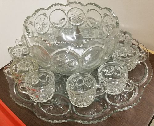 PRESSED GLASS PUNCH BOWL W/ LINER AND 12 CUPS