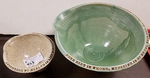 LOT 2 GLAZED POTTERY MIXING BOWLS W/ PRINTED SAYING WHEN DIET IS WRONG MEDICINE IS OF NO USE WHEN DIET IS CORRECT MEDICINE IS OF NO NEED AYURVEDIC PRO