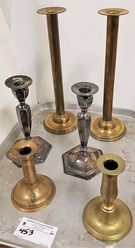 TRAY 6 CANDELSTICKS BRASS AND SILVERPLATE 2-18TH C