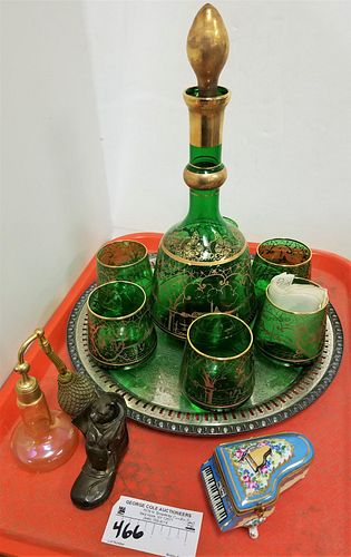 TRAY MURANO GREEN GLASS DECANTER W/ 6 GLASSES, LIMOGES FRANCE PIANO SHAPED MUSIC BX, WHITE METAL CAT IN SHOE BX, ETC