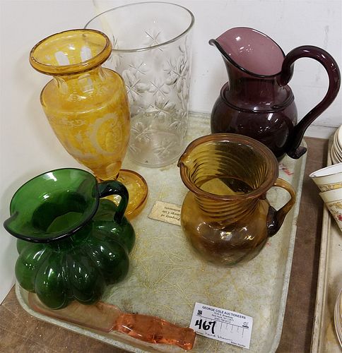 TRAY BLOWN GLASS- CUT VASE 9 1/2"X 6 1/2" DIAM, AMETHYST PITCHER, GREEN AND AMBER PITCHERS, AMBER CUT TO CLEAR VASE 10 3/4" X 4 3/4" DIAM