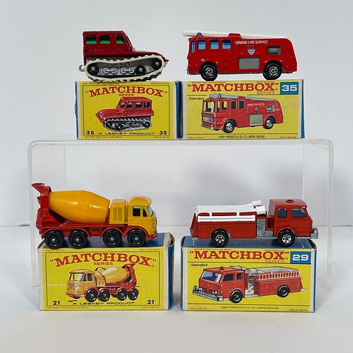 Group Of Four Boxed Matchbox 1-75 Regular Wheels And Superfast Vehicles, Including: 21 Foden Concrete Truck, orange cab and plastic rotating barrel, r