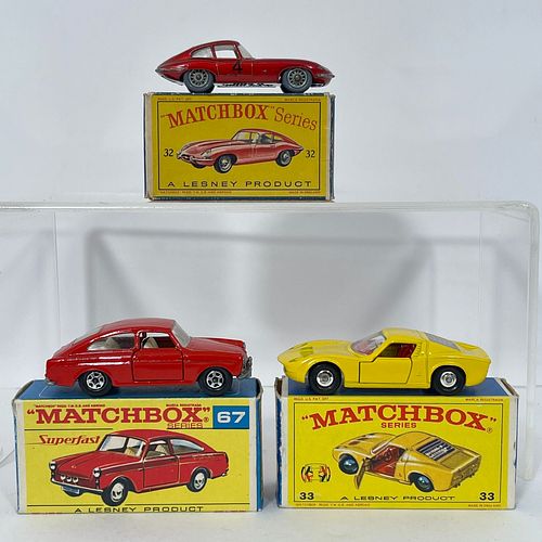 Matchbox 1-75 33 Lamborghini Miura, 41 Ford GT And 32 'E' Type Jaguar, All die cast metal, including 41 Ford GT Racing Car, white body, red interior, 
