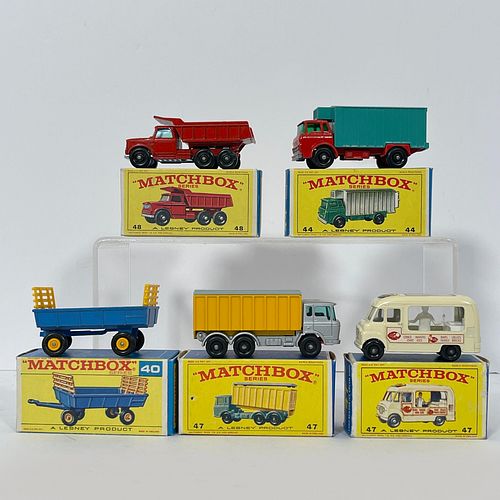 Five Boxed Matchbox 1-75 Regular Wheels Series Vehicles, Including: 40 Hay Trailer, blue body, yellow plastic sides and hubs; 44 Refrigerator Truck, r