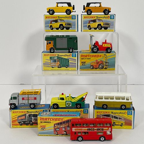 Group Of Eight Matchbox Superfast Vehicles, Including 11 Scaffolding Truck, silver body, red plastic base, yellow scaffolding, 5 spoke wheels; 12 Setr
