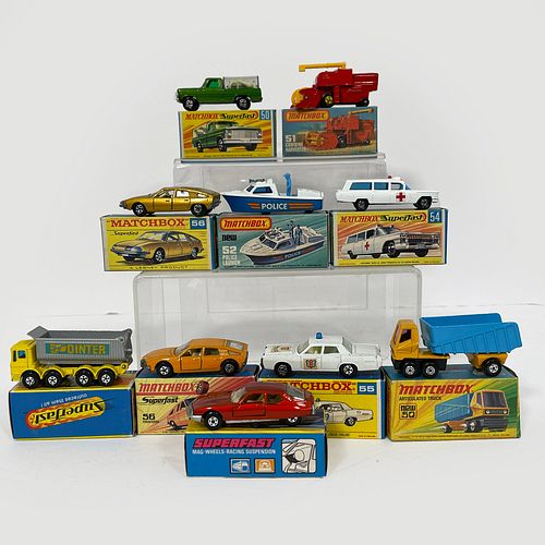 Group Of Ten Boxed Matchbox Superfast And 1-75 Series Vehicles, Including: 50 Kennel Truck, metallic green body, silver grille, black baseplate, five 