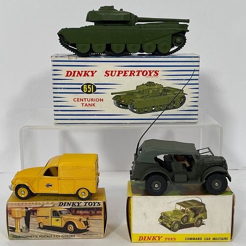 French Dinky 560 2CV Citroen Postal Van And Two French Dinky Military Vehicles, Both die cast metal, the Citroen with yellow body, blue flashes to doo