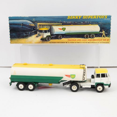 French Dinky 887 Tracteur Unic Air BP Tanker, Yellow and white with cream plastic hubs, including instructions and original illustrated box. In Very G