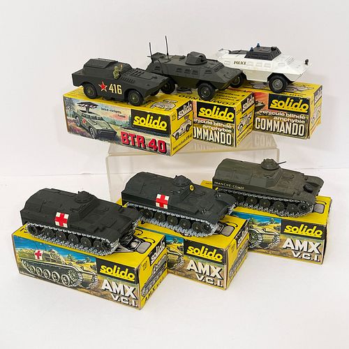 Group Of Six Boxed Solido Military Vehicles, All die cast metal, including two 224 Commando Police Armored Cars; 225 Lance-Rocketts BTR 40; and three 