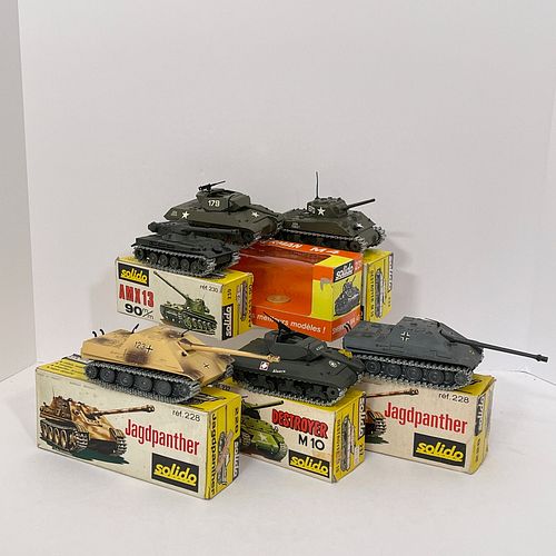 Group Of Six Boxed Solido Military Vehicles, All die cast metal, including two 228 Jagdpanther German Tanks, one camouflage sand, the other dark green