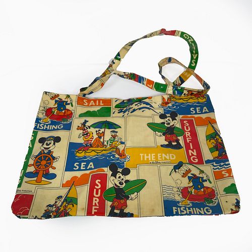 Rare Early Disney 'Sea and Surf' Tote, Colorful "Walt Disney Productions" laminated fabric bag featuring Mickey, Goofy, Pluto, and Donald Duck. Approx