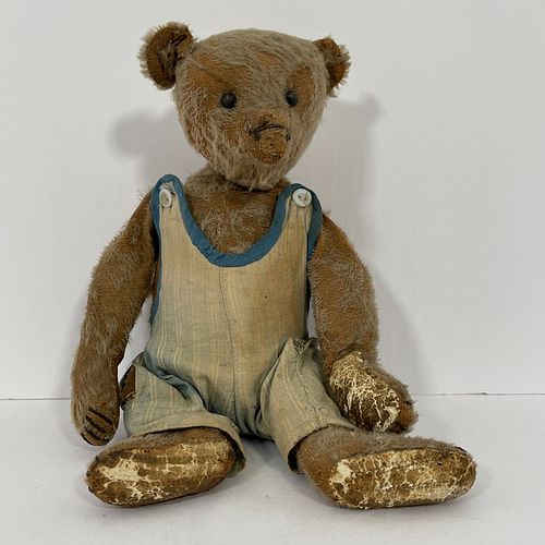 Early Mohair Teddy Bear In Overalls, Gold mohair,center seam, no button to ears, black boot button eyes, longclipped muzzle, black stitched mouth, nos