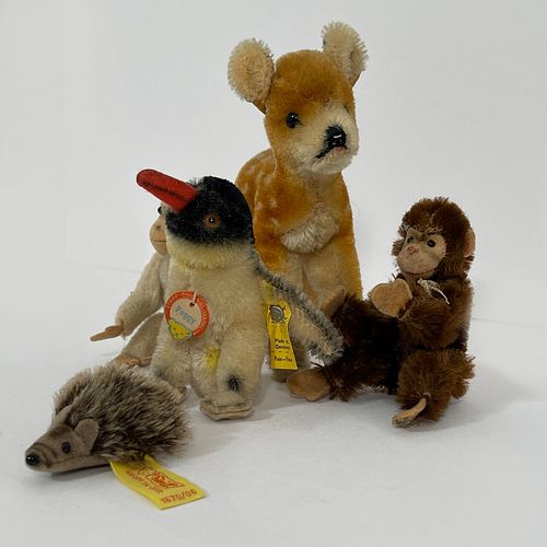 Two Vintage Steiff Jocko The Monkey Toys And Three Other Steiff Animals, Two 4" high mohair Jockos with black glass eyes, felt hands, including one ch