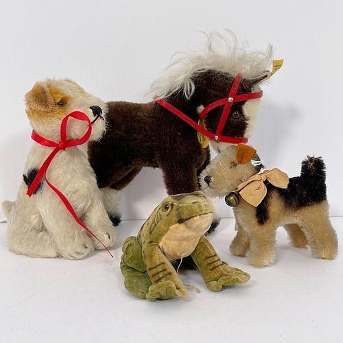 Group Of Four Steiff Animals Including Two Terriers, A Horse And A Frog, All circa 1980s, including two mohair Terriers, one standing, one seated, no 