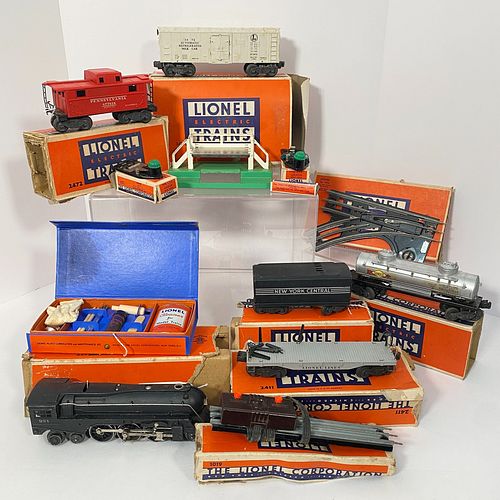 Post War Lionel 221 O Gauge New York Central Steam Locomotive And Tender And Nine Other Boxed Lionel Items, Three-rail, die cast metal, black livery, 