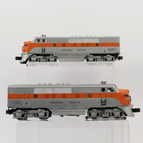 Lionel 2345 Post War O Gauge Western Pacific AA F3 Diesel Locomotives, Nice pair of three-rail units, die cast metal and plastic with silver and orang