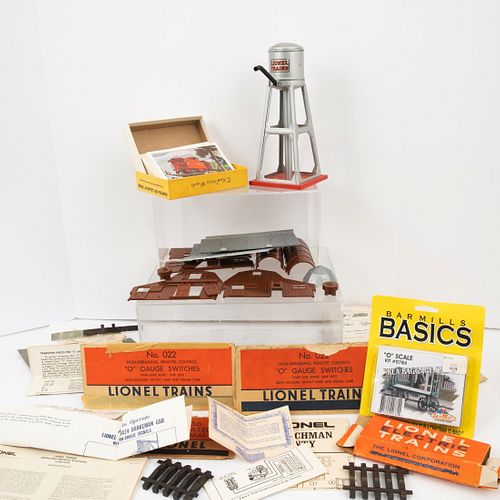 Group Of Fourteen Lionel Post War O Gauge Train Accessories And Rolling Stock, Including ten boxed items: a 151 Semaphore; two 152 Crossing Gates; a 1