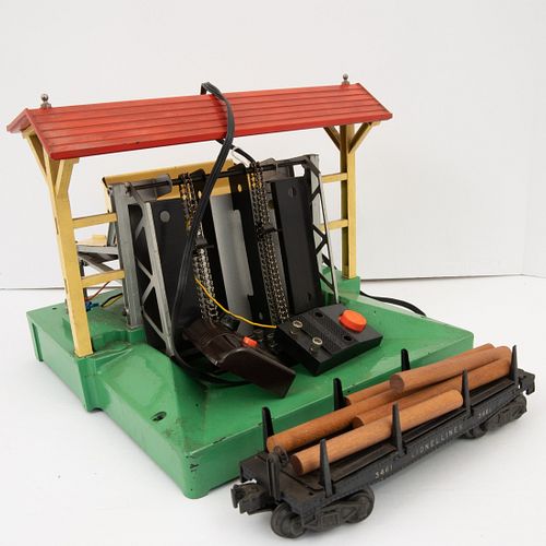 Two Lionel O Gauge 164 Log Loaders And A 364 Log Loader Conveyer, The two 164 Log Operating Loaders with two 3461 Cars, unboxed; and a 364 Lumber Load