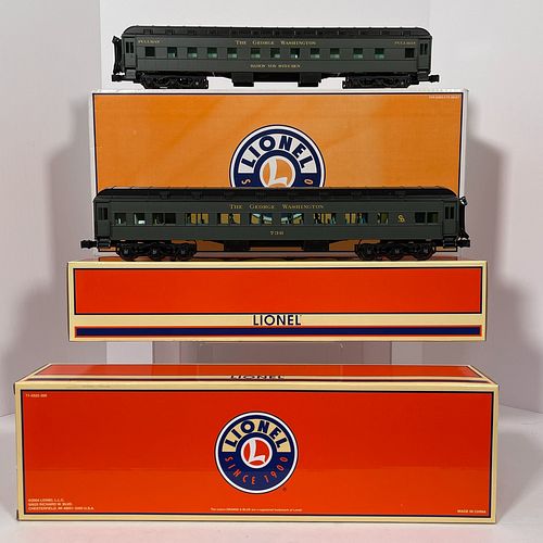 Modern Lionel 6-15576 O Gauge Chesapeake &amp; Ohio George Washington Passenger Car 2-Pack And Three Other C&amp;O Pieces Of Rolling Stock, Two die ca