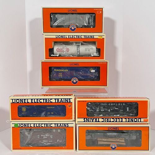 Group Of Seven Pieces Of Modern Lionel O Gauge Rolling Stock, All boxed, die cast three-rail including 6-17030 Milwaukee Road PS-2 2-Bay Hopper; 6-176