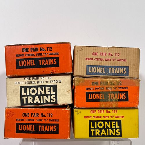 Six Pairs Of Lionel O Gauge #112 Remote Control Super "O" Switches, Comprising six boxed pairs, each including a left-hand and a right-hand switch. Al