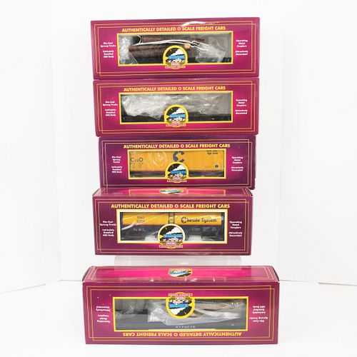 Five MTH O Gauge Hopper Cars And Five Other Pieces Of Rolling Stock, All three-rqail, die cast, Including four Chessie Ps-2CD High-Sided Hopper Cars, 