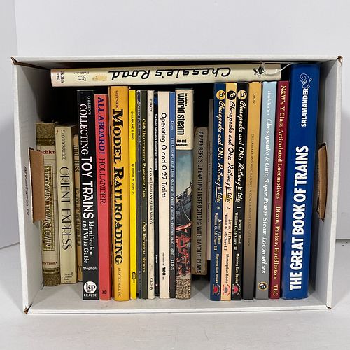 Three boxes Of Train Related Books, Catalogs And Magazines, Including approximately thirty books, subjects include Lionel Trains, Chesapeake &amp; Ohi
